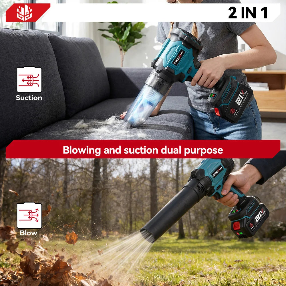 Souffleur turbo électrique sans balais ONEVAN 350 m/s 2 en 1, outil de soufflage pour feuilles, poussière et jardin, compatible avec batterie Makita 18 V