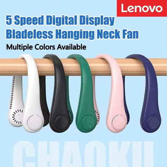 Lenovo 5 Speed Digital Display Bladeless Hanging Neck Fan USB Charging Portable Lazy Person Sports Folding Mini Electric Fan
