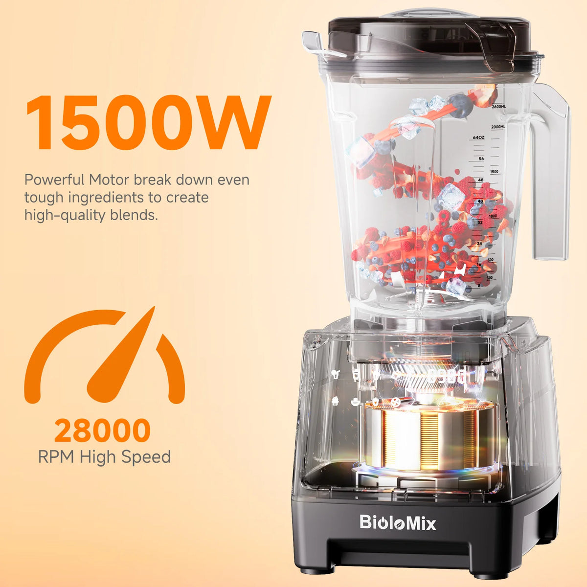 BioloMix 1500W Professional Blender with 2.6L BPA-Free Jar 6 Blades 7 Preset Programs for Smoothies Shakes Nut Milk