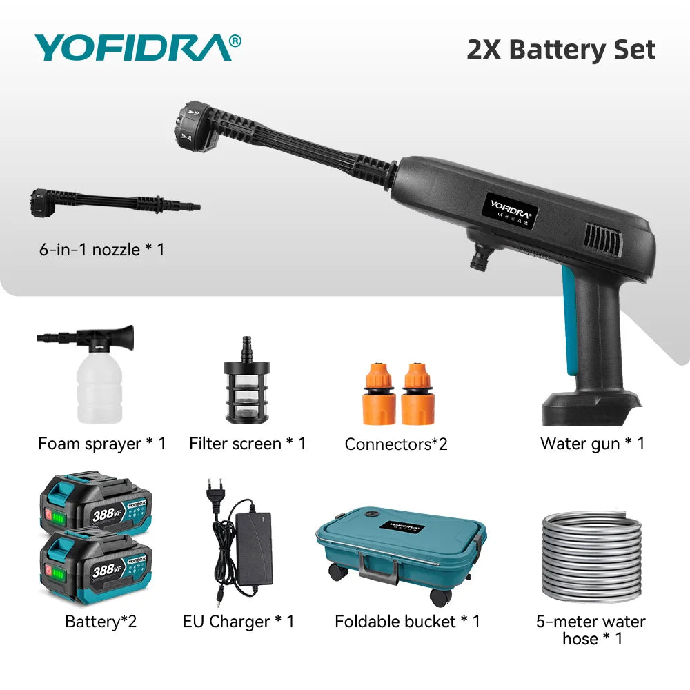 Pistolet pulvérisateur d'eau électrique haute pression 6 en 1 YOFIDRA, outil de lavage  pour voiture et jardin avec seau d'eau pliable de 22 L pour batterie Makita