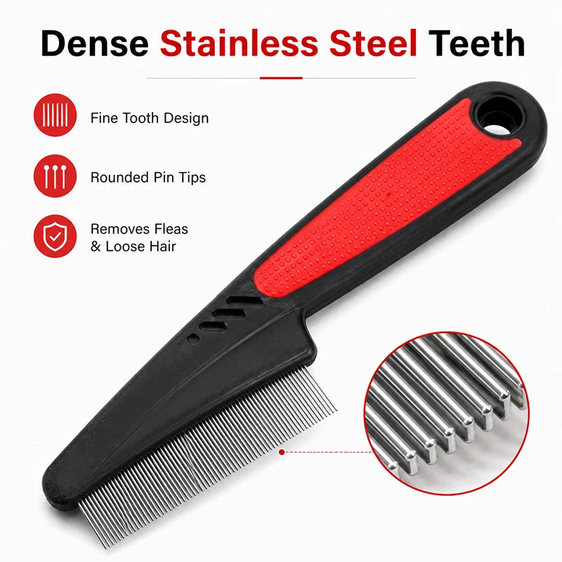 Pet Flea Comb for Dogs Cats Fine Tooth Stainless Steel Grooming Comb Anti-Slip Handle Pet Hair Remover Lice Comb for Short Fur
