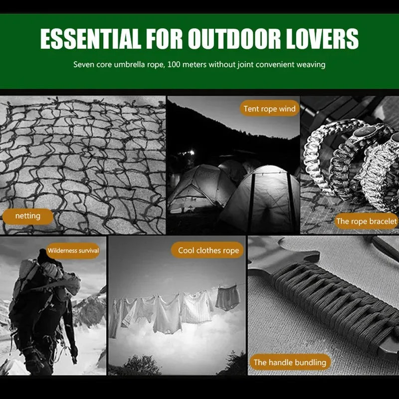 100m 650 Military Standard 9-Core Paracord Rope 4mm Outdoor Parachute Cord Survival Umbrella Tent Lanyard Camping Strap
