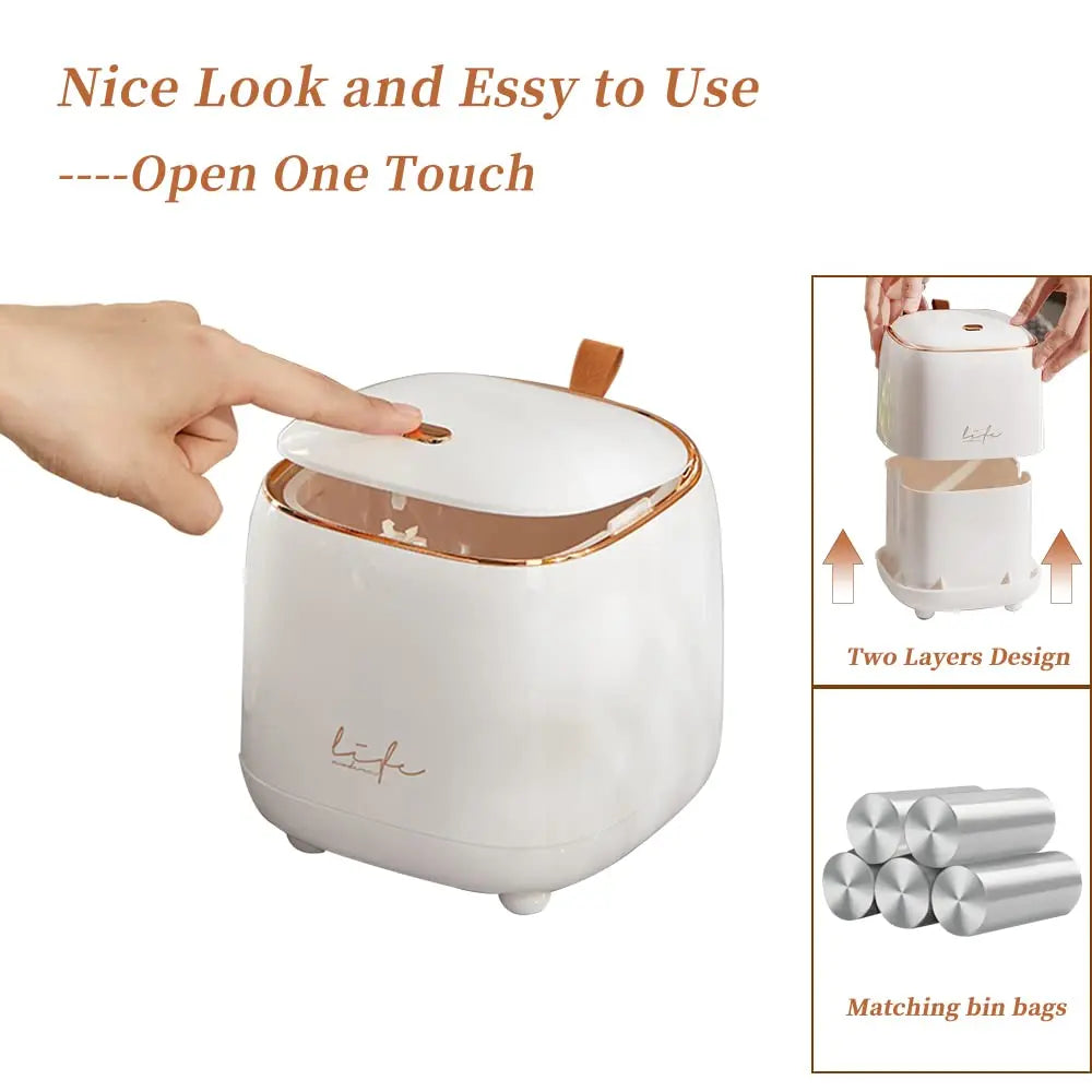 Mini Countertop Trash Can with 3 Rolls of Trash Bags, Waste Can with Press Type Lid, 1.5 Liter Wastebasket Trash Can Dispenser