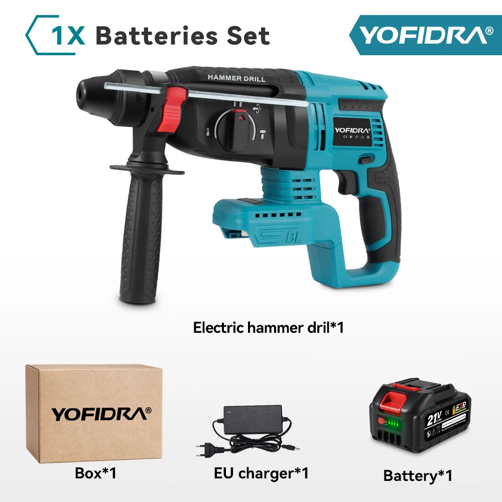 YOFIDRA 26mm Borstelloze Elektrische Boorhamer Snoerloze Multifunctionele Klopboormachine Elektrisch Gereedschap voor Makita 18-21V Accu
