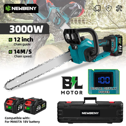 NEWBENY 12 Inches  Brushless Cordless Electric Chainsaw Digital Display Chain Saw Woodworking Power Tool For Makita Battery Pin