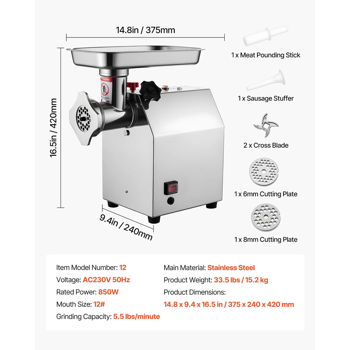 SucceBuy Meat Grinder 4.5 Lbs-9.2Lbs/Min Capacity Electric Meat Mincer w/ Blade Grinding Plate Sausage Maker for Kitchen Home
