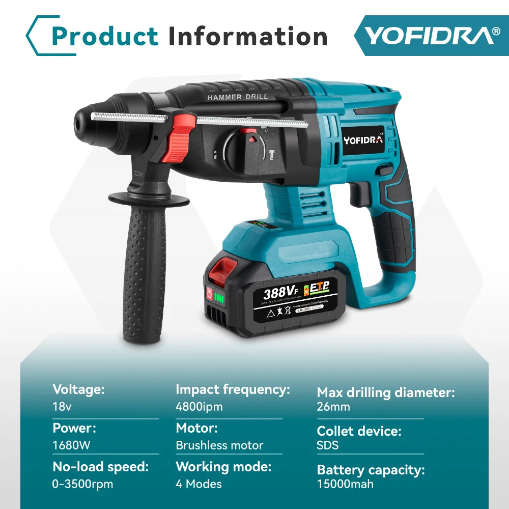 Marteau perforateur électrique sans bal ais YOFIDRA 26 mm, outil électroportatif multifonction rotatif sans fil rechargeable pour batterie Makita 18 V