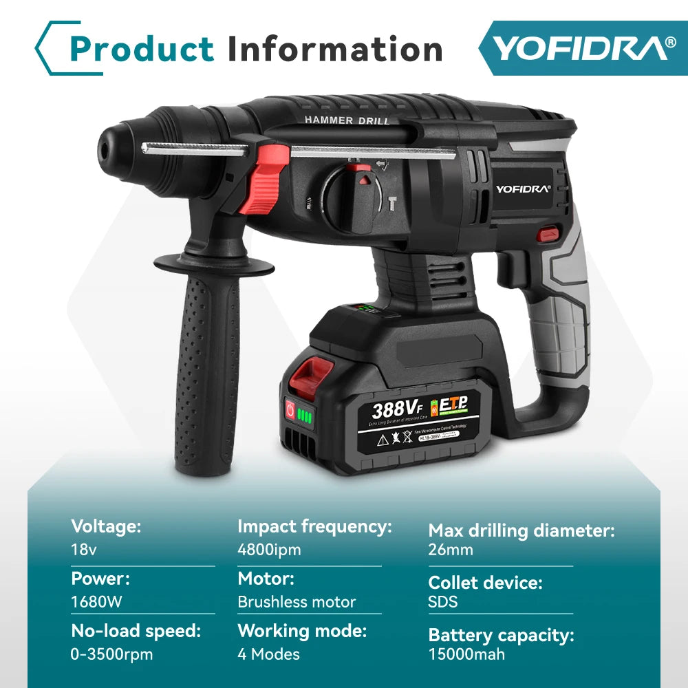 YOFIDRA 26MM Brushless Electric Hammer Drilling Impact Drill Multi-function Cordless Rotary Power Tool For Makita Battery Pin