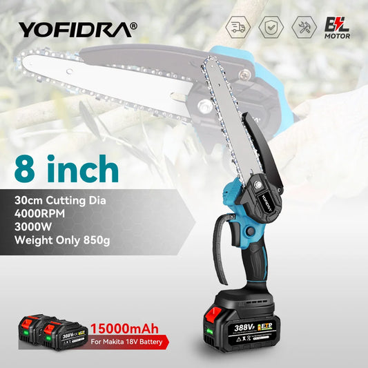 YOFIDRA Brushless Chain Saw 8 Inch Handheld Cordless Pruning Saw Rechargeable Pruning Wood Power Tool For Makita 18V Battery Pin