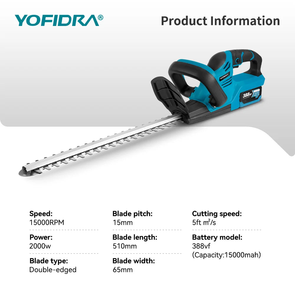 YOFIDRA Taille-haie électrique sans fil 2000 W 15 000 tr/min, scie d'élagage, tondeuse à gazon, outils de jardinage pour batterie Makita