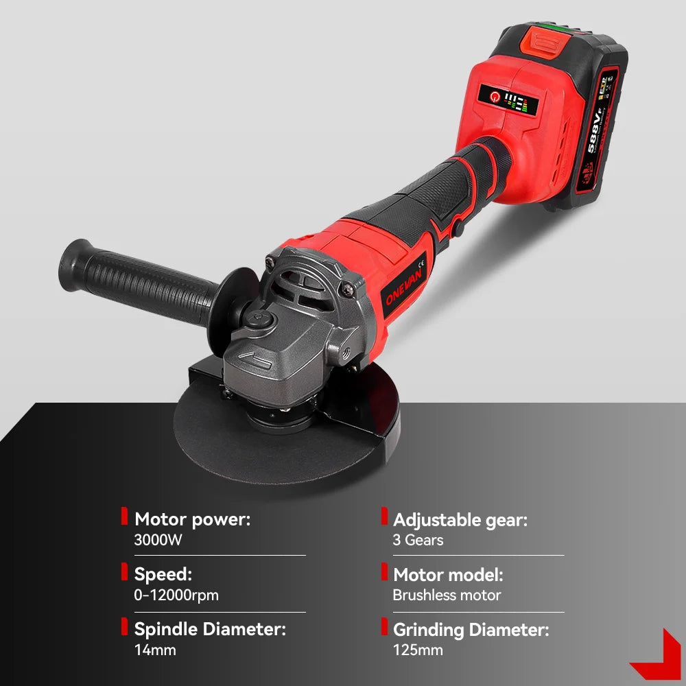 ONEVAN 2in1 125mm Brushless Electric Angle Grinder M14 Cordless Cutting Polishing Woodworking Tool For Makita 18-21V Battery Pin
