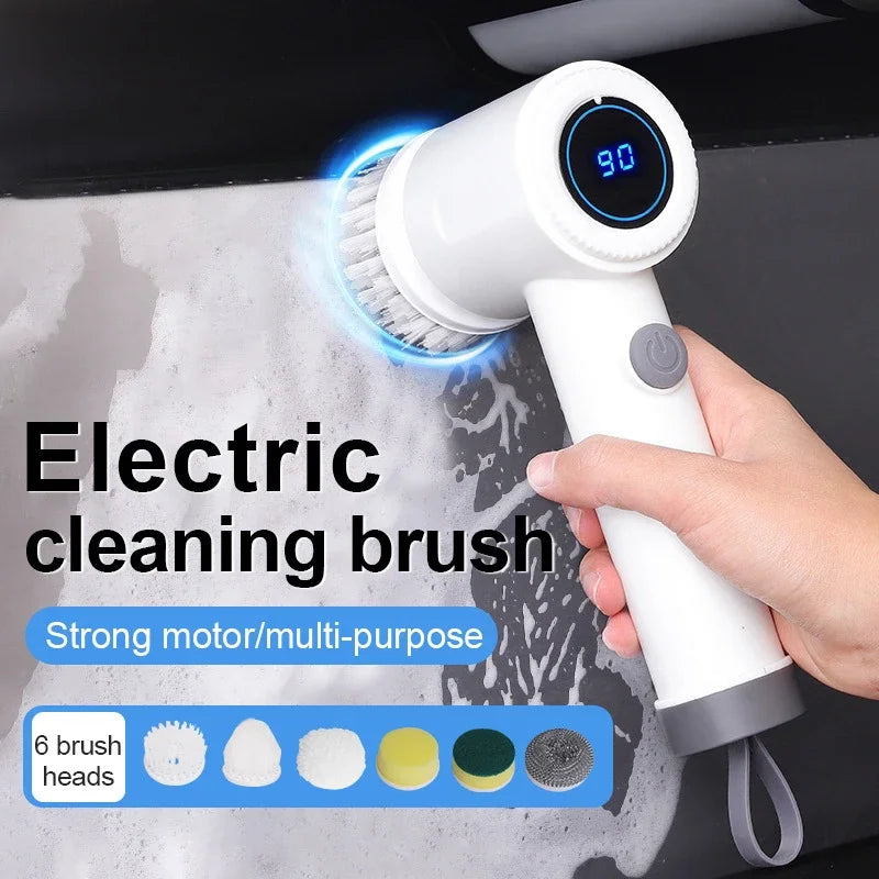 Nieuwe 6-in-1 elektrische draaischrobber, snoerloze reinigingsborstel, USB-C oplaadbare krachtschrobber voor keuken, badkamer, tegelvloer en auto
