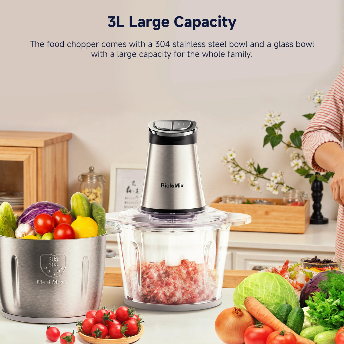 BioloMix Mini Electric Food Chopper, 300W, features 2 bowls and 4 blades, perfect for preparing baby food, meat, and onions