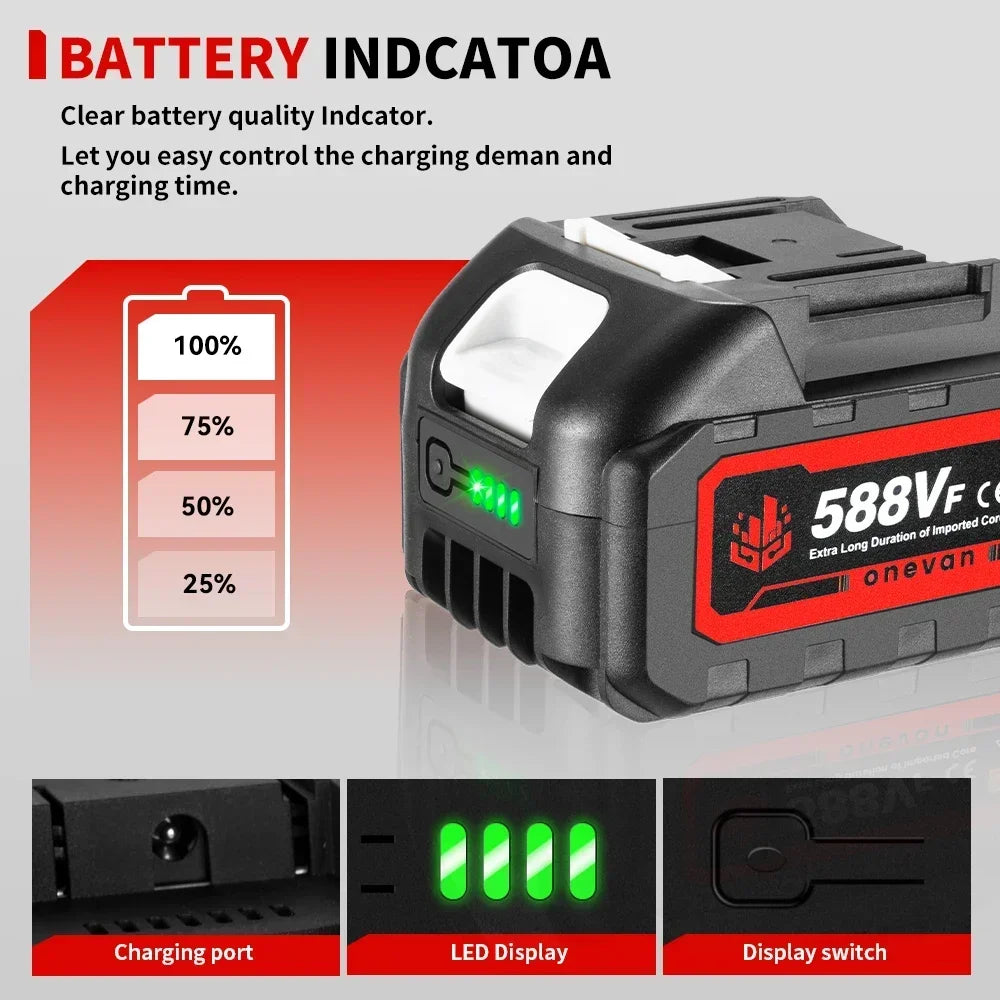 ONEVAN 18V Oplaadbare 588VF Lithium-ion accu 22900mAh Li-ion batterij met accu-indicator voor Makita 18V accuaansluiting