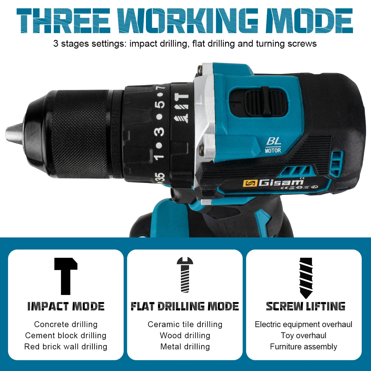 Perceuse visseuse à percussion sans balais GIsam 13 mm, deux vitesses, couple 35+3, outil électrique sans fil pour batteries Makita 18V