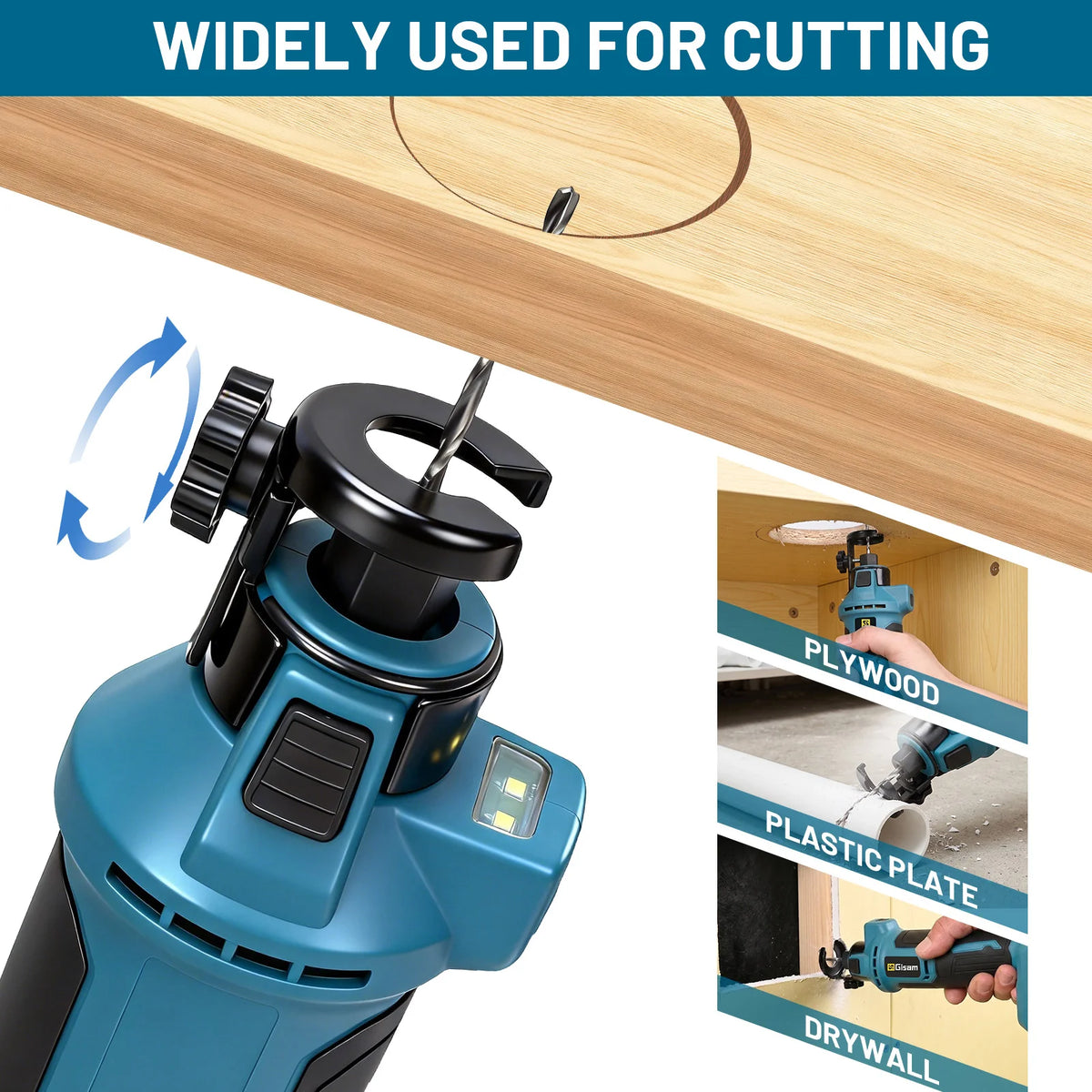 Outil de découpe électrique sans fil Gisam 3 vitesses, scie rotative sans fil 3,18 mm 6,35 mm pour bricolage, bois, plâtre, plaques de plâtre, outil électrique compatible avec batterie Makita 18V