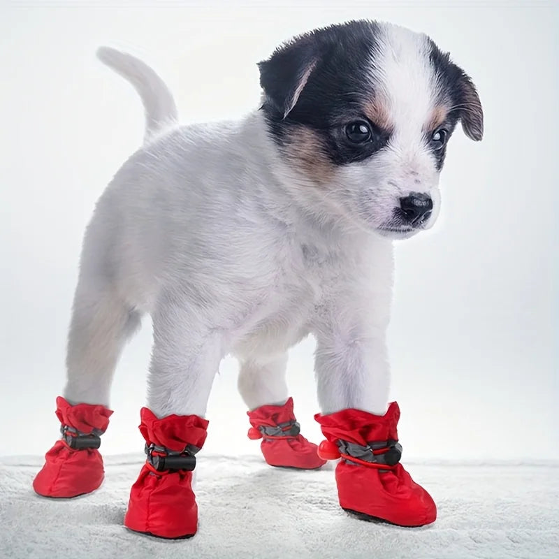 4pcs/set Waterproof Pet Dog Shoes Reflective Dog Boots  Anti-slip Puppy Shoes Soft Outdoor Rain Snow Boots For Small Dogs
