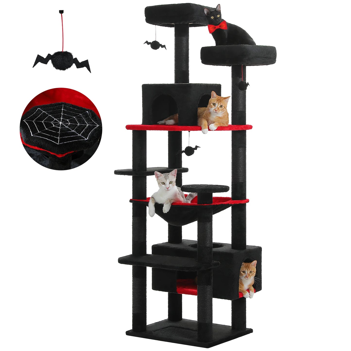 Multi-level black and red cat tree with multiple scratching posts, platforms, hammocks, and cat condos, featuring Halloween-themed spider and bat toys and a spiderweb-patterned cushion.