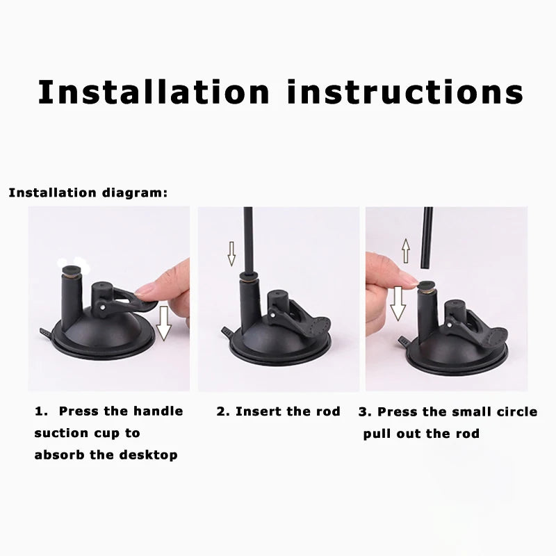 Installation instructions for a black suction cup stand with a removable rod.