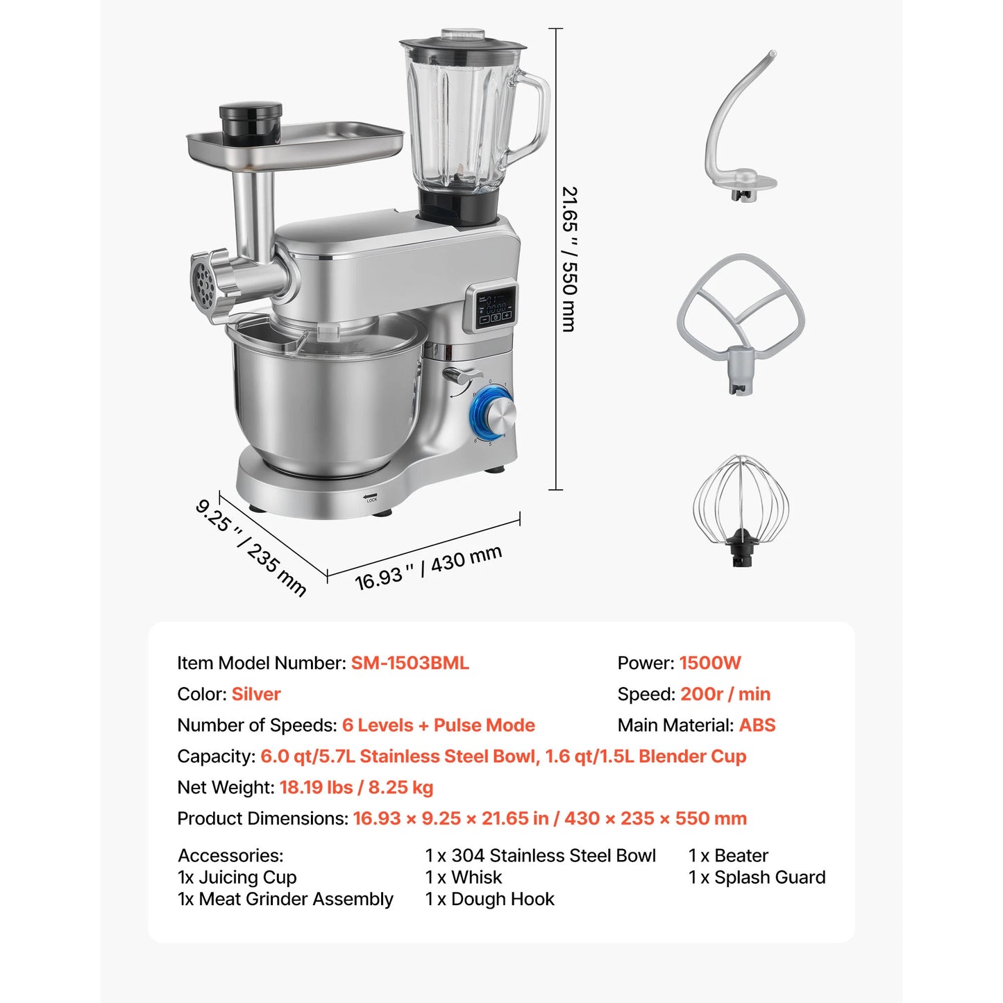 SucceBuy  5.7/6/7.8L Stand Mixe Electric Kitchen Mixer 1500W Dough-Mixer, 6+P Speeds Tilt-head Food-Mixer with 1.5 L Blender Cup