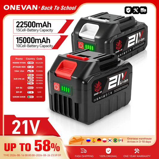ONEVAN Rechargeable Lithium Ion Battery 15000mah Li-lon Battery Electric Chainsaw Wrench Power Tool For Makita 18V Battery Pin