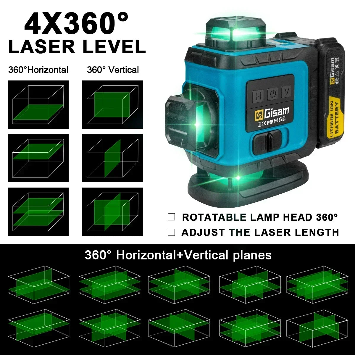 Gisam 4D 16-lijns 360° zelfnivellerende laserwaterpas met statief en koffer, professioneel horizontaal en verticaal lasermeetinstrument