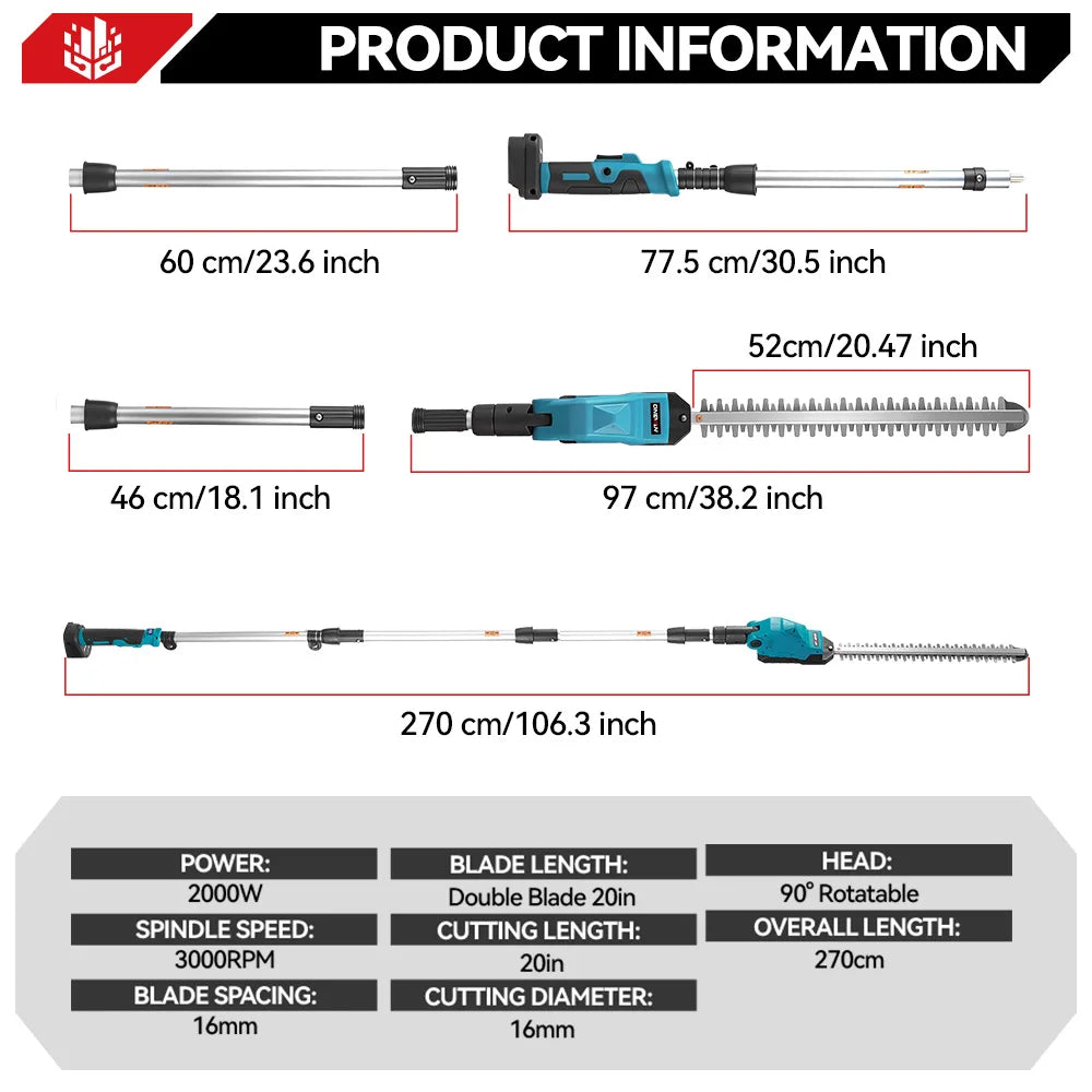 ONEVAN High Branch Battery-powered Hedge Trimmer Cordless Electric Hedge Shear Trimmer Gardening tool For Makita 18v Battery Pin