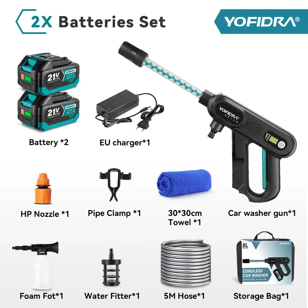 YOFIDRA 5IN1 220Bar Brushless Electric High Pressure Car Washer Gun Water Spray Gun Washing Power Tools For Makita Battery Pin