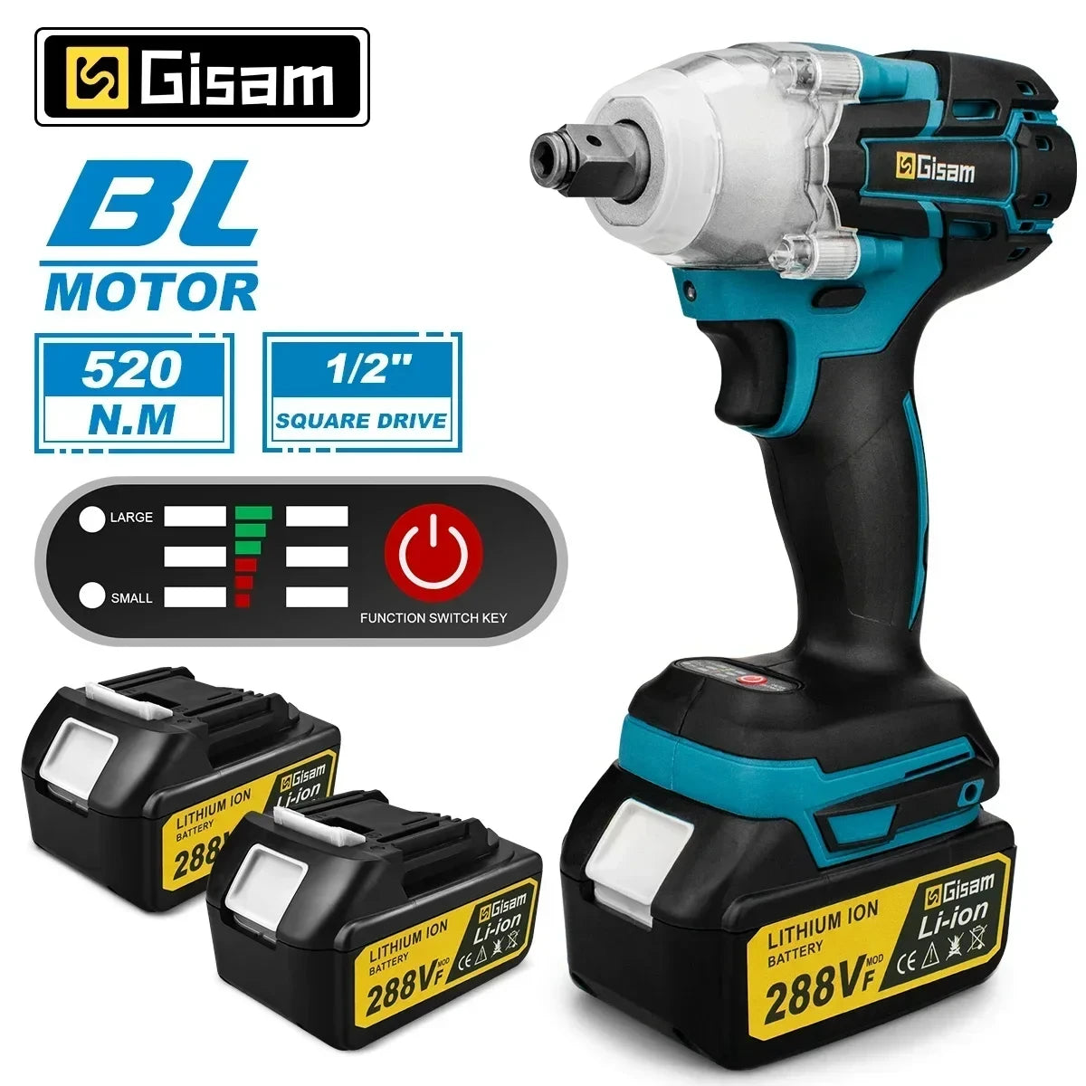 Gisam 520n.M Brushless Electric Impact Wrench 1/2 In Li-on Battery for Automotive Repair Power Tools for Makita 18V Battery Pins