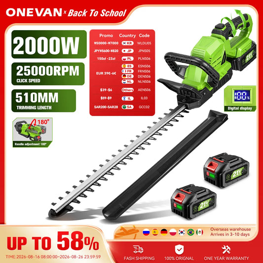 Onegreen 20000RPM Electric Hedge Trimmer Efficient 2000W Cordless Garden Shrub Pruning Tool For Makita 18v Battery Pin