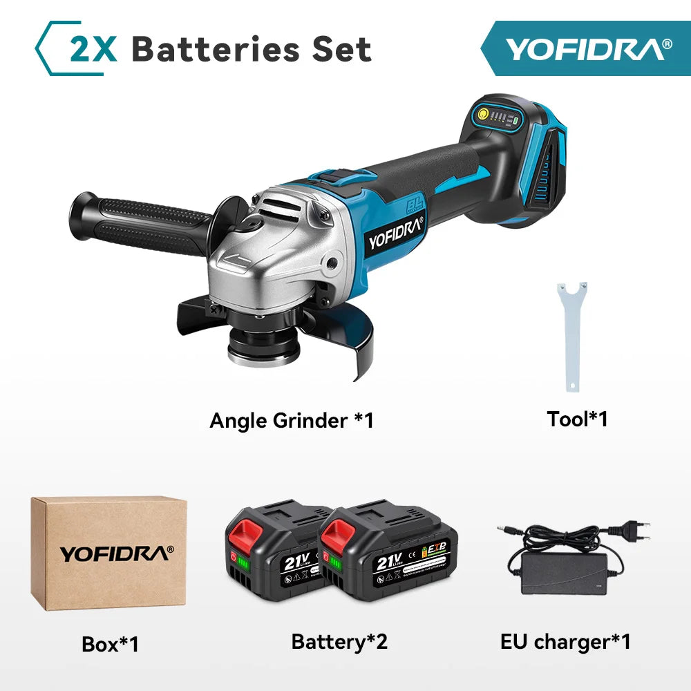 YOFIDRA 125MM Brushless Electric Angle Grinder Cordless Metal Wood Grinding Polishing Cutting Power Tool for Makita 18-21V Battery Pin