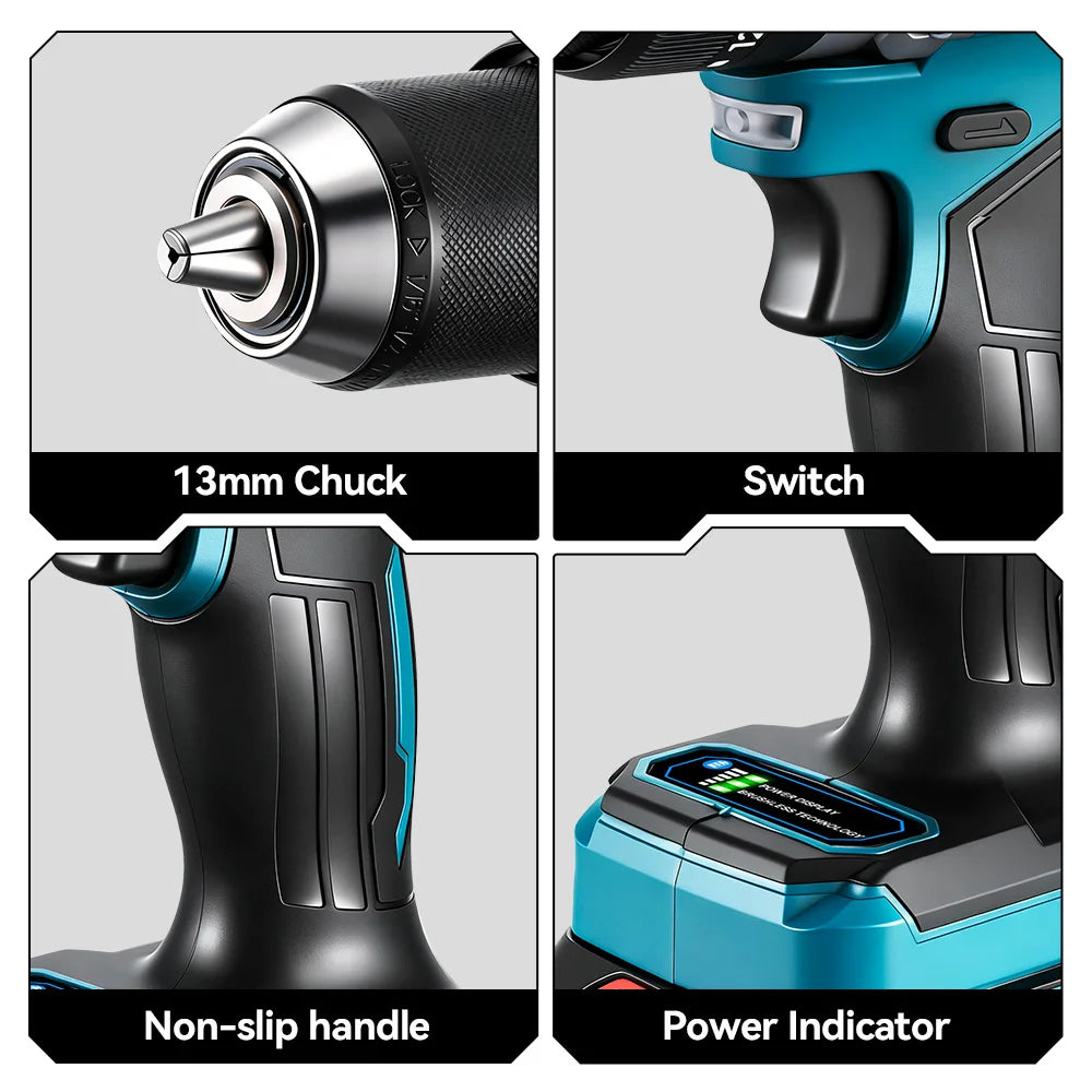 ONEVAN 13MM 650N.M Borstelloze Elektrische Slagboormachine 20+3 Koppel Elektrische Klopboormachine Elektrisch Gereedschap voor Makita 18V Accu