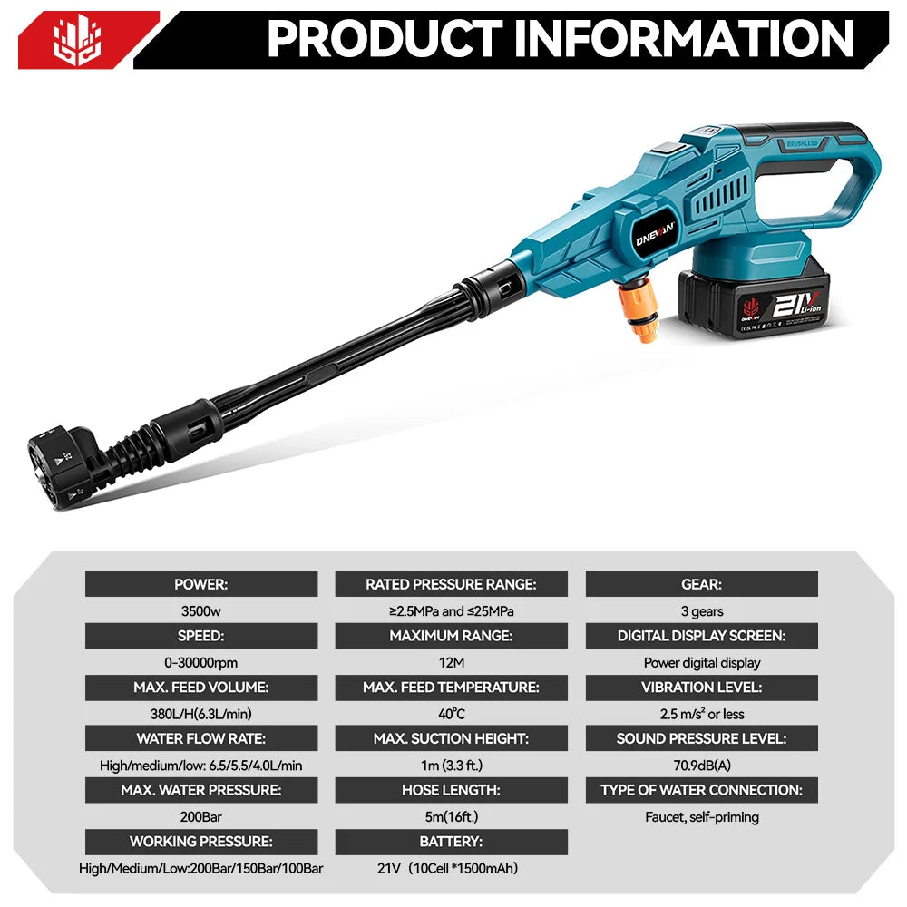ONEVAN 3500W 200Bar Borstelloze Elektrische Hogedrukreiniger Schuimgenerator Autowasser Elektrisch Gereedschap voor Makita 18V Accu