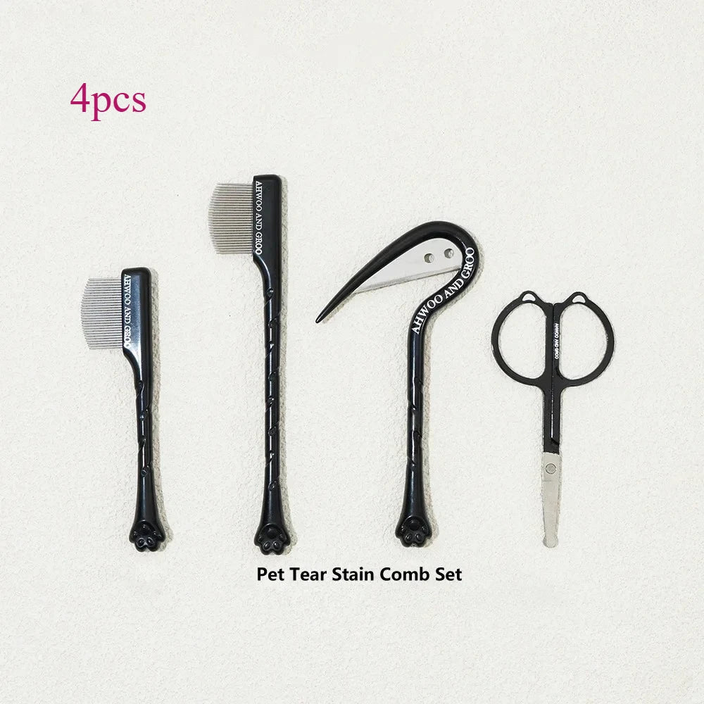 4pcs Pet Facial Cleaning Comb Set Removes Tear Stains Eye-poop Cat Paw Comb Dog Hair Repair Scissors Cat Hair Comb Pet Supplies