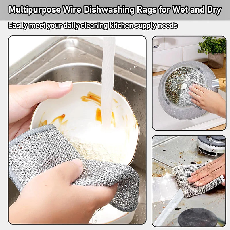 Metal Steel Wire Cleaning Rags Home Kitchen Pot Dish Pan Magic Dishcloth Towels Double Layer Non Stick Oil Steel Wire Rag Cloths