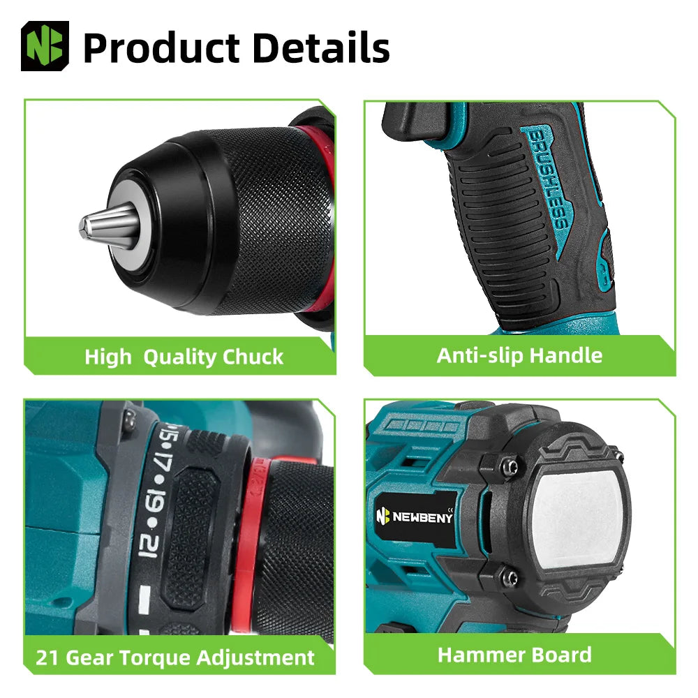 NEWBENY 21+2 Koppel Borstelloze Elektrische Boormachine 10MM Snoerloze Schroevendraaier Doe-het-zelf Gereedschapssets voor Makita 21V Accu