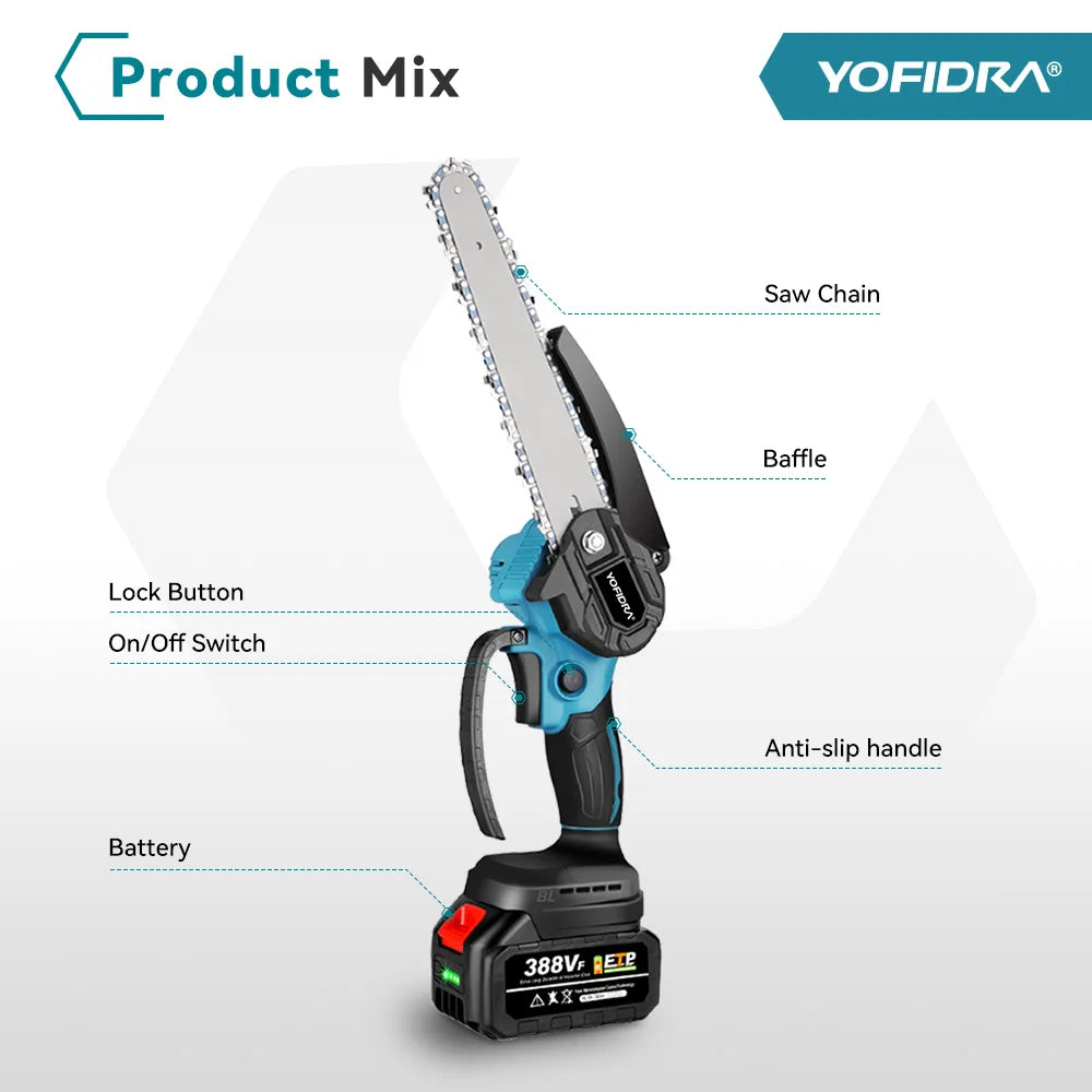 YOFIDRA 3000W 8Inch Brushless ChainSaw Handheld Cordless Pruning Cutting Chain Saw WoodWooking Power Tool For Makita Battery Pin