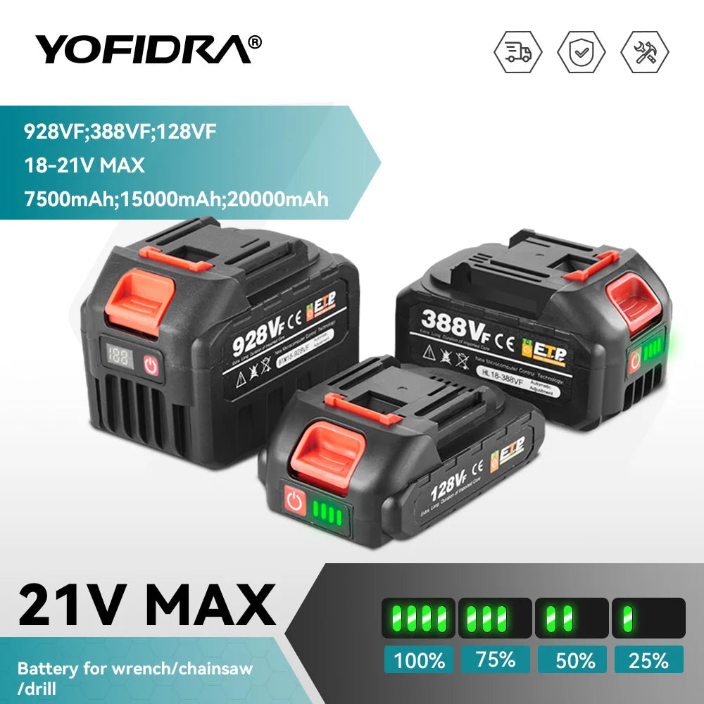 YOFIDRA 20V 18V oplaadbare 928vf 388vf 128vf 22500mAh lithium-ionbatterij met stekker voor vervangende accu van elektrisch gereedschap