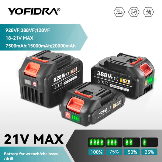 YOFIDRA 20V 18V Rechargeable 928vf 388vf 128vf 22500mAh Lithium Ion Battery With Plug For Power Tool Replacement Battery