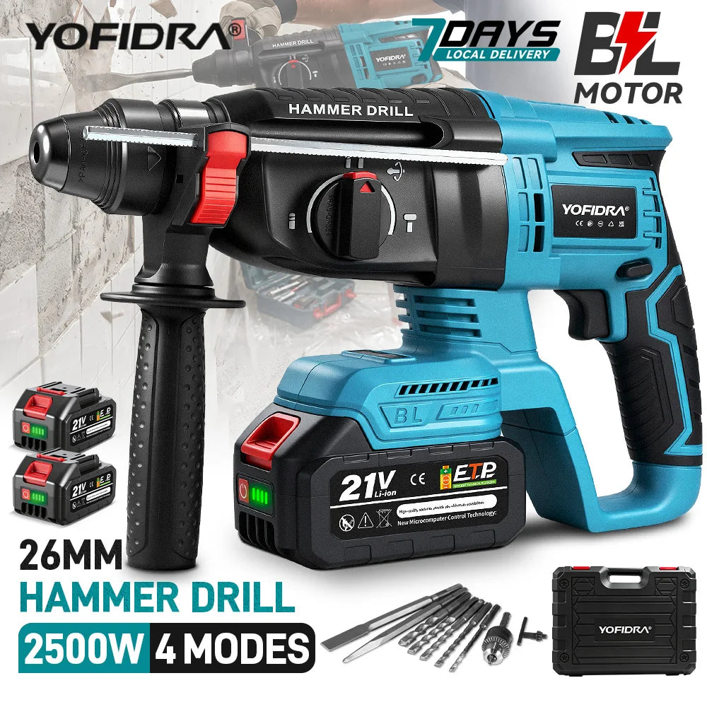 YOFIDRA 26mm Borstelloze Elektrische Boorhamer Snoerloze Multifunctionele Klopboormachine Elektrisch Gereedschap voor Makita 18-21V Accu