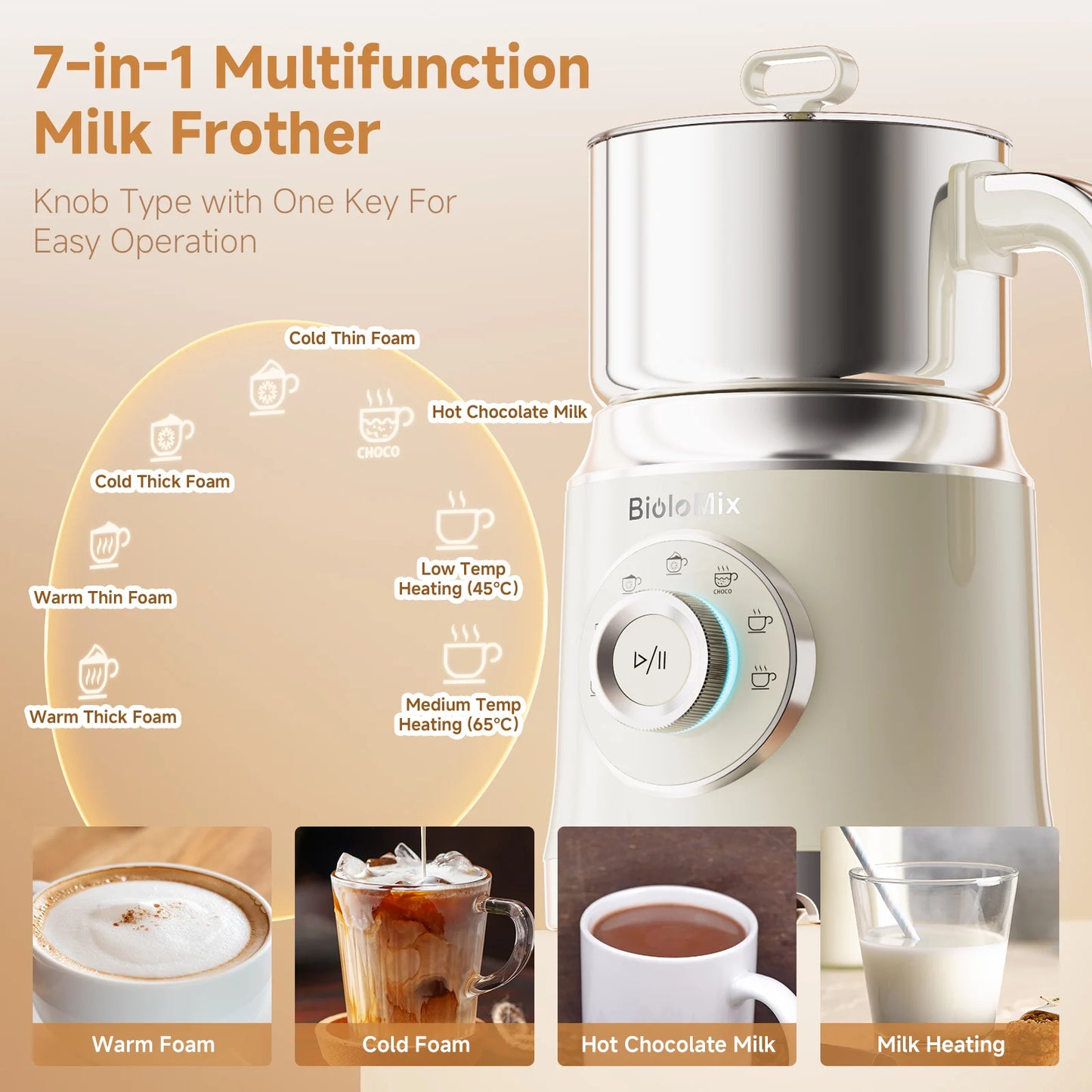 BioloMix 7-in-1 Detachable Electric Milk Frother Steamer Automatic Hot Cold Foam Maker for Coffee And Hot Chocolate