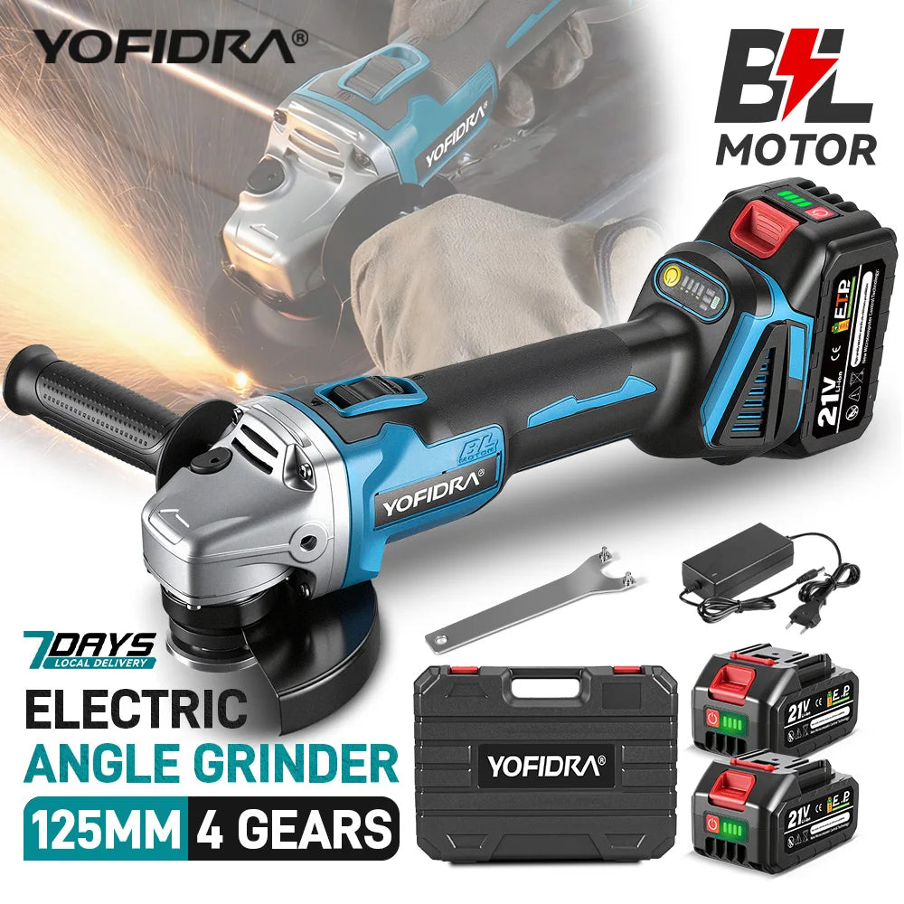 YOFIDRA Meuleuse d'angle électrique sans balais 125 mm à 4 vitesses pour le meulage, le polissage et la coupe de métal et de bois, outil électrique compatible avec batterie Makita