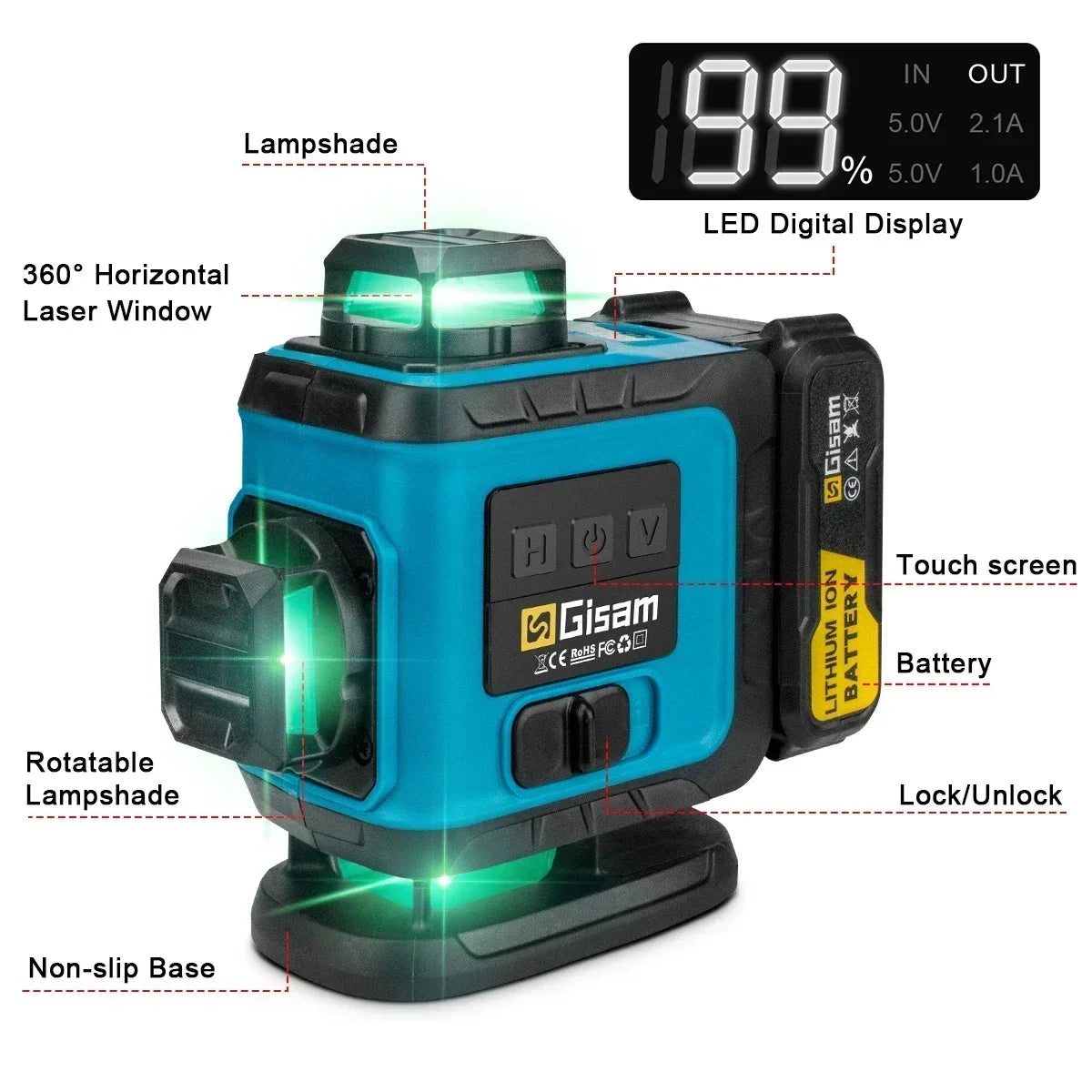 Gisam 4D 16-lijns 360° zelfnivellerende laserwaterpas met statief en koffer, professioneel horizontaal en verticaal lasermeetinstrument