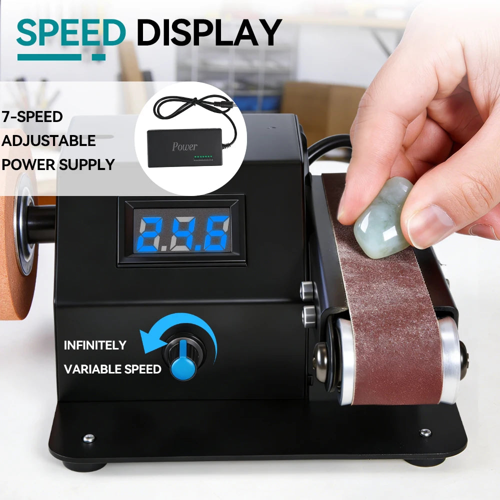 YOFIDRA 7-speed elektrische bandschuurmachine, 0-90° verstelbare hoek, schuur- en polijstmachine voor hout/metaal/kunststof