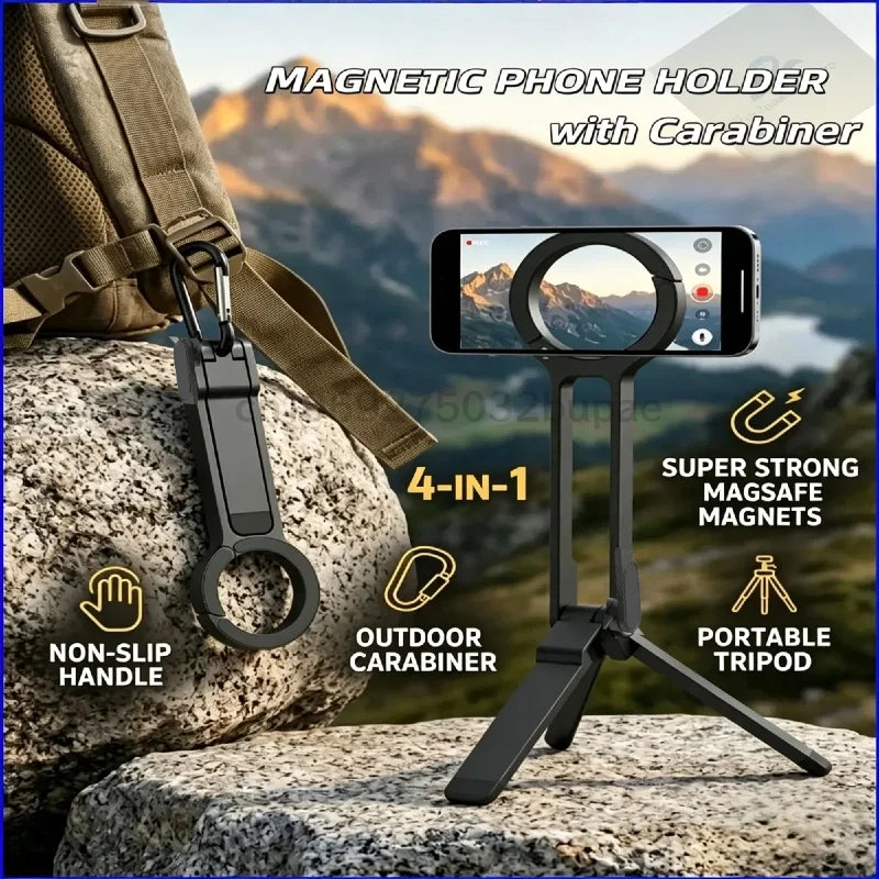 Foldable Phone Tripod Carabiner-Mounted for IPhone 17 16 15 Portable Dual-sided Magnetic Tripod Desk Mount Phone Handle Holder