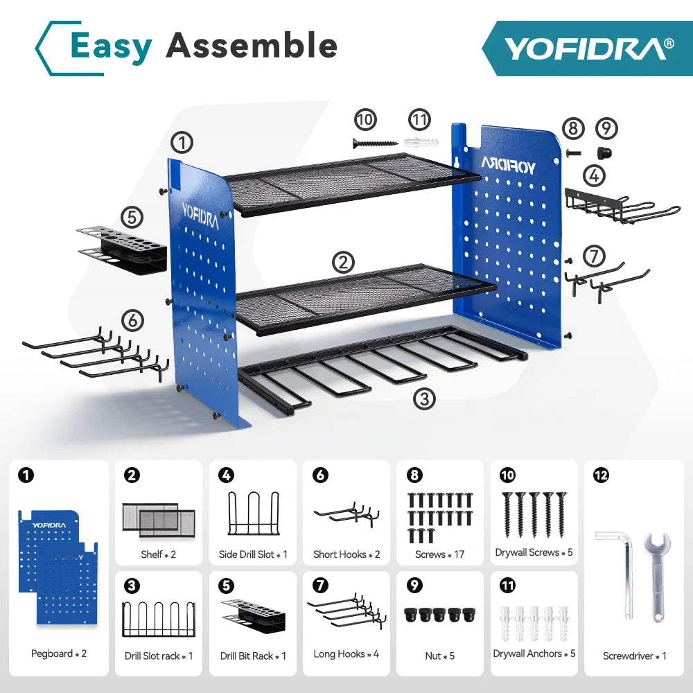 YOFIDRA 3-laags elektrisch gereedschap-organizer wandmontage robuust metalen gereedschapsschap boormachine-hanger opslag gereedschapshouder voor werkplaats-gaatjesbord