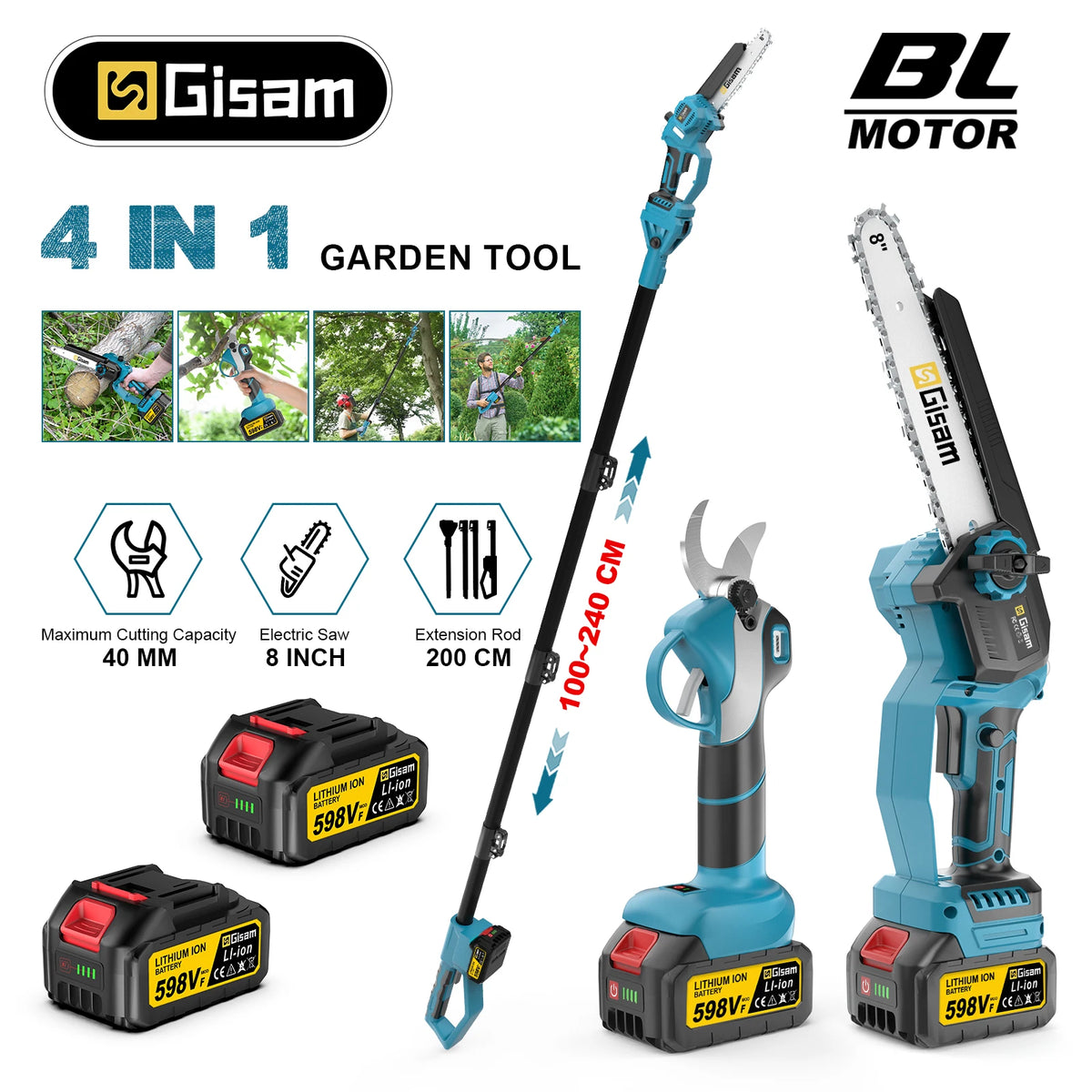 Gisam Borstelloze telescopische elektrische kettingzaag-schaar 4-in-1 takkenzaag Tuinsnoeigereedschap voor Makita 18V-accu's