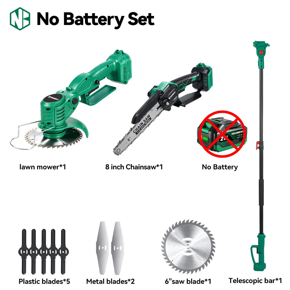 NEWBENY Ensemble d'outils de jardinage 3-en-1 : tondeuse à gazon sans fil, tronçonneuse électrique et coupe-bordures télescopique pour batterie Makita 21V