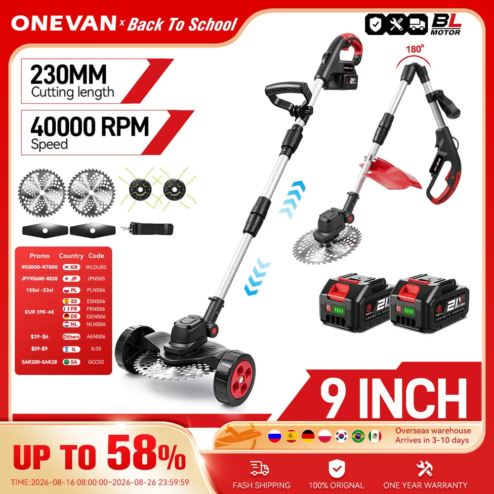 TONDEUSE À GAZON ÉLECTRIQUE SANS FIL ONEVAN 9 POUCES, 40 000 TR/MIN, MOTEUR SANS BALAIS, OUTIL DE JARDINAGE POUR BATTERIE MAKITA 18V
