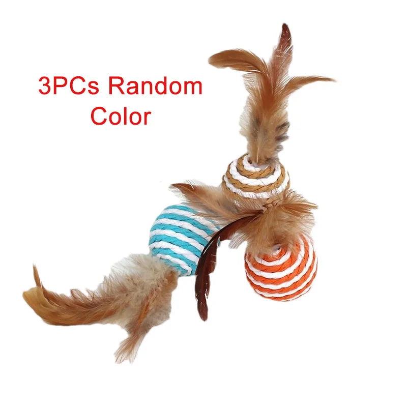 3/5/10 PCs Cat Feather Toys Interactive Cat Sisal Balls Funny Kitten Tease Toy Random Color Pet Cat Boredom Relief Toys